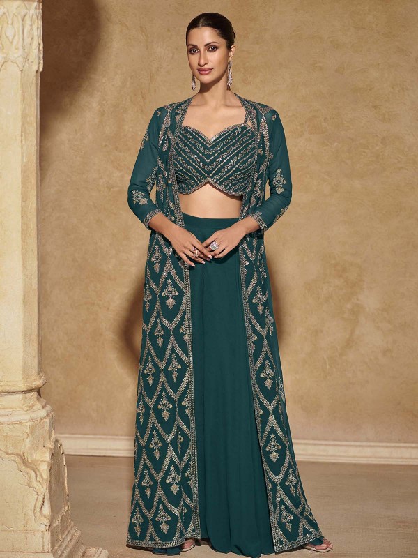 Peacock Blue Real Georgette Shrug Style Lehenga Choli